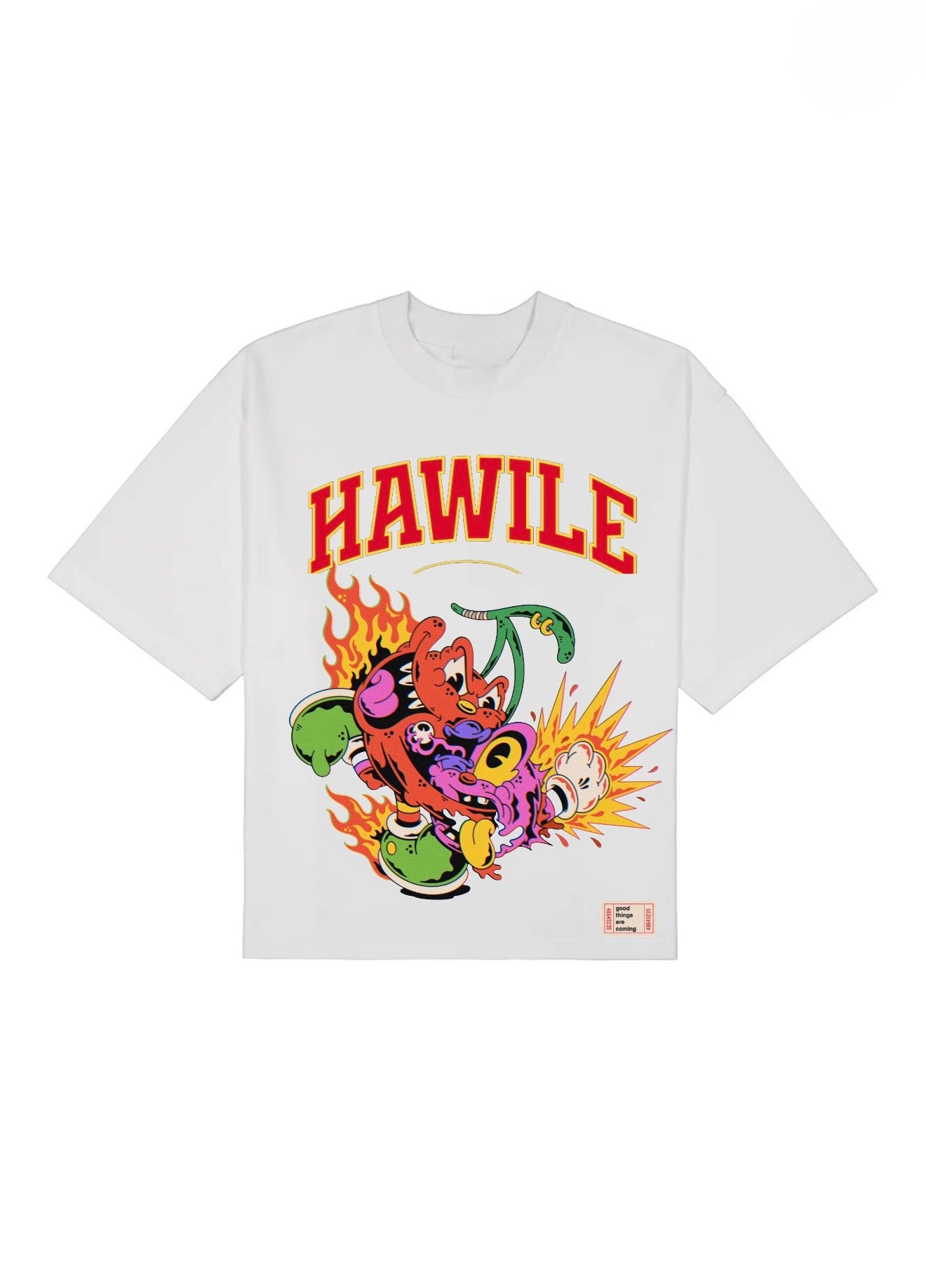 White t-shirt with colorful graphic design and 'HAWILE' text on a white background
